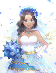 Rule 34 | 10s, 1girl, alternate hairstyle, bare shoulders, black hair, blue eyes, blue flower, blue rose, bouquet, breasts, bridal veil, bride, cowboy shot, dress, earrings, ekita kuro, floral print, flower, glint, hair flower, hair ornament, hand on own hip, holding, holding bouquet, jewelry, karako (osomatsu-san), lens flare, light particles, long hair, looking at viewer, medium breasts, motion blur, necklace, osomatsu-san, parted bangs, petals, rose, sash, solo, strapless, strapless dress, stud earrings, veil, wedding dress, white background, white dress