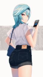 Rule 34 | 1girl, absurdres, acrylicstroke, ass, bag, black hairband, blue hair, blue nails, blush, bra visible through clothes, breasts, cellphone, closed mouth, commentary, contemporary, denim, denim shorts, english commentary, eula (genshin impact), from behind, genshin impact, hair between eyes, hair ornament, hairband, handbag, highres, holding, holding phone, large breasts, looking at viewer, looking back, medium hair, multicolored eyes, nail polish, phone, purple eyes, shirt, short sleeves, shorts, simple background, smartphone, smile, solo, white background, white shirt, yellow eyes