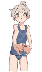 Rule 34 | 1girl, alternate hairstyle, blue one-piece swimsuit, blush, bright pupils, brown eyes, cracking knuckles, cropped legs, flat chest, genderswap, genderswap (mtf), grey hair, grey pupils, hair bun, highres, looking at viewer, multicolored hair, one-piece swimsuit, onii-chan wa oshimai!, oyama mahiro, parted lips, simple background, sishamodesu, solo, standing, streaked hair, swimsuit, tareme, white background