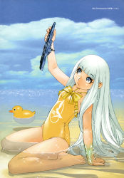 Rule 34 | 10s, 1girl, absurdres, aoki hagane no arpeggio, ark performance, barefoot, cloud, day, frilled swimsuit, frills, highres, i-401 (aoki hagane no arpeggio), iona (aoki hagane no arpeggio), long hair, military, military vehicle, non-web source, ocean, official art, one-piece swimsuit, personification, rubber duck, scan, ship, silver hair, sky, solo, submarine, swimsuit, watercraft