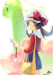 Rule 34 | 1girl, antennae, bag, blue overalls, bow, brown eyes, brown hair, cabbie hat, cellphone, creatures (company), dated, flip phone, game freak, gen 2 pokemon, hat, hat bow, holding, holding phone, lanter qwq, looking at viewer, low twintails, lyra (pokemon), meganium, nintendo, overalls, phone, pokemon, pokemon (creature), pokemon hgss, signature, standing, twintails, white background, white headwear, yellow eyes
