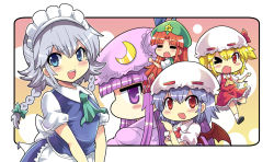Rule 34 | &gt; o, 6+girls, apron, ascot, bat wings, beret, blonde hair, blue eyes, blue hair, blunt bangs, braid, chibi, colonel aki, commentary request, crescent, crescent hair ornament, flandre scarlet, hair between eyes, hair ornament, hand up, hat, hong meiling, izayoi sakuya, maid, maid apron, maid headdress, mob cap, multiple girls, one eye closed, patchouli knowledge, purple eyes, purple hair, red eyes, red hair, remilia scarlet, short hair, short sleeves, sidelocks, silver hair, star (symbol), thumbs up, touhou, twin braids, wings
