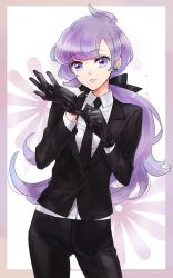 Rule 34 | 1girl, anabel (pokemon), black gloves, black jacket, black necktie, black pants, collared shirt, commentary request, creatures (company), earpiece, formal, game freak, gloves, gluteal fold, jacket, long hair, long sleeves, low ponytail, necktie, nintendo, pants, pokemon, pokemon sm, purple eyes, purple hair, rikovui, shirt, solo, white shirt