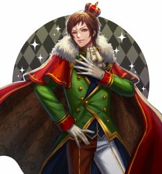 Rule 34 | 1boy, argyle, argyle background, argyle clothes, bad id, bad pixiv id, brown eyes, brown hair, cape, crescent, crescent facial mark, crown, facial mark, forehead mark, gloves, highres, looking at viewer, male focus, original, personification, red cape, solo, standing, symboli rudolf (racehorse), syu kamiya, umabi, vest, white gloves