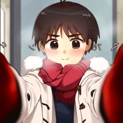 1girl antenna_hair ayunu_829 blue_sweater blush breath brown_coat brown_eyes brown_hair closed_mouth coat cold commentary duffel_coat fur-trimmed_hood fur_trim highres hood hood_down idolmaster idolmaster_(classic) idolmaster_1 indoors kikuchi_makoto knit_sweater light_smile long_sleeves looking_at_viewer meme mittens motion_lines open_clothes open_coat pov pov_cheek_warming_(meme) reaching reaching_towards_viewer red_mittens red_scarf scarf short_hair smile solo straight-on sweater thick_eyebrows toggles upper_body v-shaped_eyebrows very_short_hair winter_clothes