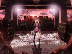 Rule 34 | 1girl, amplifier, asymmetrical legwear, bad id, bad pixiv id, blonde hair, blue eyes, cable, character name, cityscape, copyright name, drum, english text, hair ornament, hair ribbon, hairclip, highres, instrument, jewelry, kagamine rin, keyboard, keyboard (instrument), legs, microphone, midriff, mismatched legwear, necklace, ribbon, ruins, shiramori yuse, short hair, skirt, solo, speaker, standing, vocaloid, yamaha