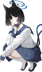 1girl absurdres an0_09 animal_ear_fluff animal_ears black_eyes black_hair black_nails blue_archive blue_halo blue_sailor_collar blue_skirt blush bob_cut bright_pupils cat_ears cat_girl cat_tail choker commentary_request dot_nose flip-flops full_body hair_intakes halo hand_up highres kikyou_(blue_archive) kneehighs long_sleeves looking_at_viewer multiple_tails parted_lips pleated_skirt ribbon_choker sailor_collar sandals school_uniform serafuku short_hair simple_background skirt socks solo squatting straight_hair tail tail_raised tiptoes tsurime two_tails white_background white_pupils white_skirt white_socks