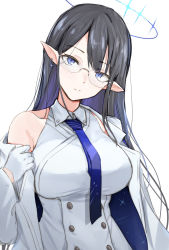 Rule 34 | 1girl, absurdres, black hair, blue archive, blue eyes, blue necktie, breasts, expressionless, glasses, gloves, halo, head tilt, highres, jacket, large breasts, long hair, looking at viewer, necktie, pointy ears, rin (blue archive), shirt, simple background, sleeveless, sleeveless shirt, solo, straight hair, unu (unucence), upper body, white background, white gloves, white jacket, white shirt