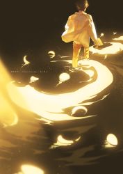 Rule 34 | 1boy, artist name, brown hair, commentary request, crescent, facing away, highres, limited palette, male focus, original, pants, rido (ridograph), ripples, shirt, short hair, solo, tagme, wading, white shirt, yellow pants, yellow theme