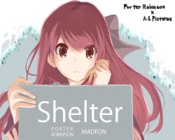 Rule 34 | 1girl, a-1 pictures, akai toshifumi, akaiakai, bow, earrings, holding, holding sign, jewelry, long hair, purple eyes, purple hair, red hair, rin (shelter), shelter (song), sign, solo, title