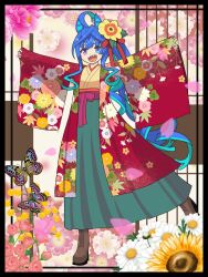 Rule 34 | 1girl, ahoge, alternate costume, alternate hairstyle, animal ears, blue eyes, blue hair, boots, brown footwear, bug, butterfly, cherry blossoms, flat chest, floral print, flower, full body, gradient hair, green hakama, hair flower, hair ornament, hakama, haori, heterochromia, highres, horse ears, horse girl, horse tail, insect, jacket, japanese clothes, kimono, kudan (kudan4429), long hair, long sleeves, multicolored hair, open clothes, open jacket, open mouth, outstretched arms, purple eyes, rose, sash, sharp teeth, side ponytail, smile, solo, spread arms, sunflower, tail, teeth, twin turbo (umamusume), umamusume, upper teeth only, wide sleeves, yellow kimono