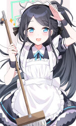 Rule 34 | 1girl, :d, apron, aris (blue archive), aris (maid) (blue archive), arm up, black dress, black hair, blue archive, blue eyes, blush, breasts, broom, dress, halo, highres, kinona, long hair, looking at viewer, maid headdress, open mouth, parted bangs, ponytail, puffy short sleeves, puffy sleeves, revision, short sleeves, sidelocks, small breasts, smile, solo, sparkle, swept bangs, very long hair, white apron, wristband