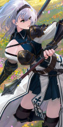 Rule 34 | 1girl, armor, belt, black thighhighs, boots, braid, breasts, commentary request, dress, ekao, field, flower, green eyes, highres, holding, holding weapon, hololive, knee guards, large breasts, mace, mole, mole on breast, outdoors, pouch, revision, shirogane noel, shirogane noel (1st costume), short hair, shoulder guard, silver hair, solo, thighhighs, virtual youtuber, weapon, wrist guards, zettai ryouiki