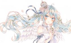 Rule 34 | 1girl, :o, angel wings, aqua eyes, aqua hair, blue ribbon, crown, detached sleeves, feathered wings, flower, frills, hair between eyes, hatsune miku, highres, marker (medium), open mouth, paruno, pink flower, pink rose, ribbon, rose, solo, traditional media, twintails, vocaloid, white background, white sleeves, white wings, wings