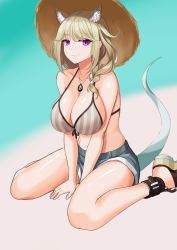 Rule 34 | 1girl, animal ear fluff, animal ears, arknights, arm support, bare arms, bare shoulders, bikini, breasts, cleavage, collarbone, commentary, grey bikini, grey shorts, hat, jewelry, large breasts, long hair, looking at viewer, md5 mismatch, official alternate costume, pendant, purple eyes, rankketer, resolution mismatch, short shorts, shorts, silver hair, sitting, smile, solo, source larger, stomach, striped bikini, striped clothes, sun hat, swimsuit, thighs, utage (arknights), utage (summer flowers) (arknights), vertical-striped bikini, vertical-striped clothes, wariza