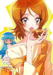 Rule 34 | 10s, 2girls, bare shoulders, blue hair, brown hair, happinesscharge precure!, honey, licking, long hair, multiple girls, oomori yuuko, open mouth, precure, shirayuki hime, short hair, tima, tongue, tongue out, yellow eyes