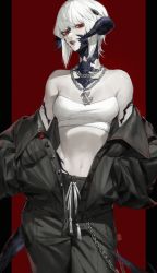 Rule 34 | 1girl, absurdres, au ra, bandeau, bare shoulders, buttons, chain, chain necklace, commentary, cowboy shot, dragon horns, dragon tail, final fantasy, final fantasy xiv, grey jacket, grey pants, highres, horns, jacket, jewelry, looking at viewer, midriff, multiple horns, navel, necklace, off shoulder, pants, parted lips, red background, red eyes, red lips, scales, short hair, solo, standing, tail, tladpwl03, two-tone background, warrior of light (ff14), white bandeau, white hair