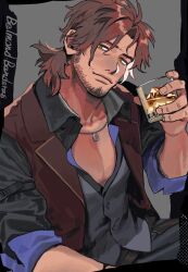 Rule 34 | 1boy, bad id, bad twitter id, beard, belmond banderas, brown eyes, brown hair, closed mouth, collared shirt, cup, facial hair, feet out of frame, head tilt, highres, holding, holding cup, jacket, jewelry, long sleeves, looking at viewer, male focus, mature male, medium hair, necklace, nijisanji, open clothes, paguraisu, parted bangs, partially unbuttoned, pectoral cleavage, pectorals, ponytail, shirt, sitting, sleeves rolled up, smile, solo, stubble, thick eyebrows, virtual youtuber