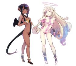 Rule 34 | 2girls, ;), absurdres, ahoge, angel and devil, black footwear, black hair, blonde hair, blue eyes, blush, borrowed character, breast hold, breasts, closed mouth, collarbone, covered navel, curly hair, dark-skinned female, dark skin, demon wings, dragon tail, flat chest, forked tail, full body, gloves, gluteal fold, halo, hand on own hip, hand up, happy, heart, heart in eye, heel up, highres, horns, light blush, long hair, looking at viewer, multicolored eyes, multiple girls, naked ribbon, nipples, one eye closed, open mouth, original, otomo, pink eyes, pink gloves, pink ribbon, pointy ears, purple eyes, revealing clothes, ribbon, shoes, short hair with long locks, simple background, skin-covered horns, small breasts, smile, standing, swept bangs, symbol in eye, tail, white background, white footwear, wings, yellow eyes, yellow gloves