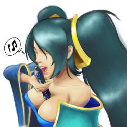 Rule 34 | 1girl, bare shoulders, between breasts, breasts, cleavage, deliciousorange, flute, green hair, instrument, large breasts, league of legends, licking, long hair, musical note, sexually suggestive, solo, sona (league of legends), twintails, yellow eyes
