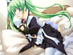 Rule 34 | 1girl, bed, blue eyes, blue panties, breasts, caught, cleavage, crotch rub, elbow gloves, embarrassed, emupii maid promotion master, feet, female masturbation, game cg, gloves, green hair, homura yukine, long hair, maid, masturbation, open mouth, panties, pillow, pillow sex, solo, surprised, tamahiyo, thighhighs, twintails, underwear, white thighhighs