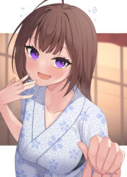 Rule 34 | 1girl, 1other, :d, ahoge, binsen, breasts, brown hair, cleavage, collarbone, floral print, hand up, heart, highres, idolmaster, idolmaster million live!, japanese clothes, kimono, looking at viewer, medium breasts, open mouth, print kimono, purple eyes, smile, solo focus, white kimono, yokoyama nao
