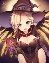 Rule 34 | 1girl, bangle, blonde hair, blue eyes, bodice, bracelet, breasts, brown gloves, candy, cleavage, cowboy shot, earrings, eyes visible through hair, food, food-themed earrings, foreshortening, giving, gloves, glowing, glowing wings, halloween, halloween costume, hat, hat belt, jack-o&#039;-lantern, jack-o&#039;-lantern earrings, jewelry, jiji (wldms9313), looking at viewer, mechanical wings, medium breasts, mercy (overwatch), open mouth, orange wings, outstretched hand, overwatch, overwatch 1, purple background, short hair, short sleeves, smile, solo, wings, witch, witch hat, witch mercy, yellow wings