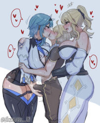 Rule 34 | 1boy, 2girls, aether (genshin impact), age difference, akazuan 19, ass, assertive female, bent over, blonde hair, blue hair, blush, breasts, brown eyes, bulge, closed eyes, cross, cross earrings, earrings, erection, erection under clothes, eula (genshin impact), femdom, from behind, genshin impact, groping, handjob, headband, headdress, heart, height difference, hetero, hug, hug from behind, jean (genshin impact), jewelry, kiss, large breasts, looking at another, mihoyo, motion lines, multiple girls, onee-shota, open mouth, penis, penis grab, ponytail, saliva, shadow, smile, speech bubble, standing, taller female, teenage girl and younger boy, thick thighs, thighs, white background