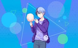 Rule 34 | 1boy, aoyagi touya, blue hair, character name, circle, closed mouth, colorful palette, cotton candy, cowboy shot, dark blue hair, food, grey eyes, hair between eyes, highres, holding, holding food, hood, hood down, jacket, kamikou festival! (project sekai), long sleeves, male focus, mole, mole under eye, multicolored hair, official art, open clothes, open jacket, project sekai, purple jacket, short hair, solo, split-color hair, third-party source, triangle, two-tone hair, zipper