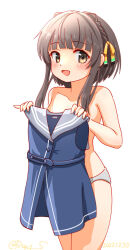 Rule 34 | 1girl, black hair, blue dress, blunt bangs, brown eyes, clothes in front, commentary request, dated, dress, holding, holding clothes, kantai collection, one-hour drawing challenge, panties, ray.s, short hair, short hair with long locks, simple background, solo, topless, twitter username, ukuru (kancolle), underwear, white background, white panties