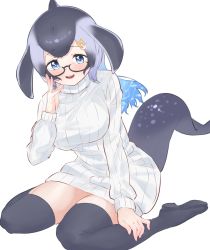 Rule 34 | 1girl, anchor hair ornament, aqua hair, bad id, bad twitter id, blowhole, blue eyes, blue whale (kemono friends), blush, boots, cetacean tail, commentary request, dorsal fin, dress, fins, fish tail, glasses, grey hair, hair ornament, hand on own face, highres, kemono friends, kemono friends 3, kona ming, long hair, long sleeves, looking at viewer, multicolored hair, simple background, sitting, solo, sweater, sweater dress, tail, teeth, thigh boots, thighhighs, turtleneck, turtleneck sweater, upper teeth only, wariza, white background, white sweater, zettai ryouiki