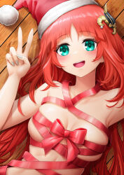 Rule 34 | 1girl, :d, alternate costume, arm up, armpits, blunt bangs, bow, breasts, christmas, commentary request, fingernails, from above, genshin impact, green eyes, hair ornament, hand up, hat, highres, long fingernails, looking at viewer, lying, medium breasts, naked ribbon, nilou (genshin impact), on back, on floor, open mouth, parted bangs, pom pom (clothes), red bow, red hair, red headwear, red ribbon, ribbon, royboy, santa hat, sidelocks, skindentation, smile, teeth, twintails, upper body, upper teeth only, v, wooden floor