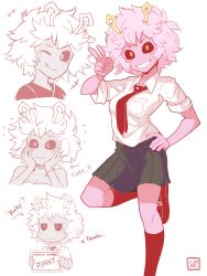Rule 34 | 10s, 1girl, absurdres, ashido mina, black sclera, blush, blush stickers, boku no hero academia, breasts, cleavage, colored sclera, colored skin, english text, grin, hand on own hip, highres, horns, medium breasts, messy hair, necktie, one eye closed, pink hair, pink skin, pleated skirt, sally (luna-arts), school uniform, short hair, sign, signature, skirt, smile, solo, standing, standing on one leg, sweat, tongue, tongue out, yellow eyes