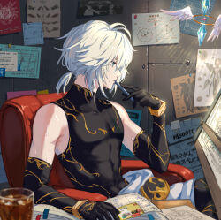 Rule 34 | 1boy, armpit peek, black gloves, black shirt, blue eyes, book, chair, crystal, cup, drawing (object), drinking glass, elbow gloves, feathered wings, gloves, granblue fantasy, holding, holding pen, indoors, lucilius (granblue fantasy), male focus, open book, pectorals, pen, shirt, short hair, short ponytail, sitting, sleeveless, sleeveless shirt, solo, sw21159502, sweat, toned, toned male, white hair, wings
