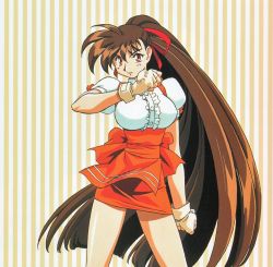 Rule 34 | 1990s (style), anna miller, breasts, brown hair, cowboy shot, fingerless gloves, gloves, high ponytail, kimura takahiro, large breasts, long hair, miniskirt, non-web source, official art, orange skirt, parted lips, pencil skirt, puffy short sleeves, puffy sleeves, red eyes, red ribbon, retro artstyle, ribbon, short sleeves, skirt, striped, striped background, takeuchi yuka, underbust, variable geo, very long hair, waitress