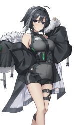 Rule 34 | 1girl, absurdres, ahoge, arknights, bare shoulders, black eyes, black hair, breasts, feather hair, female focus, fur-trimmed jacket, fur trim, highres, jacket, la pluma (arknights), medium breasts, short hair, shorts, solo, white background, yeong r6