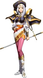 Rule 34 | 1girl, armor, black headwear, boots, breastplate, brown eyes, dress, full body, hand on own hip, highres, holding, holding sheath, langrisser, langrisser iv, long sleeves, looking at viewer, official art, pantyhose, pink pantyhose, selena (langrisser), sheath, sheathed, shiny clothes, shiny legwear, shoulder armor, solo, standing, sword, transparent background, weapon, white dress, white footwear