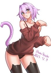 Rule 34 | 1girl, absurdres, black panties, black thighhighs, brown sweater, cat tail, cowboy shot, dated, highres, kantai collection, katou shinobu, looking at viewer, one-hour drawing challenge, panties, parted lips, paw pose, pink hair, red eyes, short hair, simple background, solo, standing, sweater, tail, tama (kancolle), thighhighs, twitter username, underwear, white background