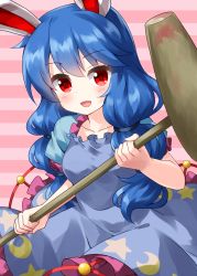 Rule 34 | 1girl, animal ears, blue dress, blue hair, cowboy shot, crescent moon, crescent print, dress, frilled dress, frills, highres, holding, holding mallet, kine, long hair, looking at viewer, mallet, moon, open mouth, pink background, puffy short sleeves, puffy sleeves, rabbit ears, red eyes, ruu (tksymkw), seiran (touhou), short sleeves, smile, solo, standing, star (symbol), star print, striped, striped background, touhou, twintails