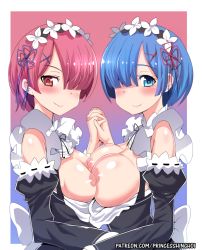 Rule 34 | 10s, 2girls, blue background, blue eyes, blue hair, blush, breast press, breasts, breasts out, closed mouth, detached sleeves, gradient background, hair ornament, hair over one eye, hair ribbon, hinghoi, holding hands, interlocked fingers, large breasts, looking at viewer, maid, maid headdress, medium breasts, multiple girls, nipples, outside border, patreon username, pink background, pink hair, ram (re:zero), re:zero kara hajimeru isekai seikatsu, red eyes, red ribbon, rem (re:zero), ribbon, short hair, siblings, sisters, smile, symmetrical docking, twins, upper body, watermark, web address, x hair ornament