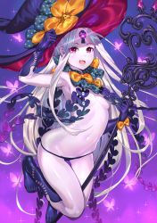Rule 34 | 1girl, abigail williams (fate), abigail williams (third ascension) (fate), armpits, bare shoulders, black bow, black hat, black panties, blush, bow, breasts, bug, butterfly, colored skin, convenient censoring, fang, fate/grand order, fate (series), feet, forehead, glowing, glowing eye, gradient background, hat, highres, hip focus, insect, keyhole, legs, long hair, looking at viewer, mikumo (lpmkookm), navel, no bra, orange bow, panties, parted bangs, polka dot, polka dot bow, purple background, red eyes, small breasts, smile, solo, sparkle, staff, thighs, third eye, underwear, white hair, white skin, witch hat