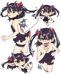 Rule 34 | 1girl, backless dress, backless outfit, black hair, dress, highres, horns, hugging own legs, hyamoo, multiple views, original, pointy ears, tail, tongue, tongue out, v, wings