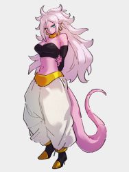Rule 34 | 1girl, android 21, blue eyes, choker, colored skin, dragon ball, dragon ball fighterz, full body, hair between eyes, kemachiku, long hair, looking at viewer, majin android 21, midriff, navel, pink skin, pointy ears, solo, standing, tail, white hair, yellow choker