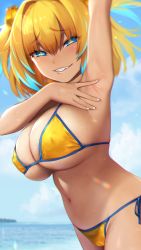 Rule 34 | 1girl, aqua hair, arm up, armpits, bikini, blonde hair, blue eyes, blue sky, blurry, blurry background, bombergirl, breasts, cameltoe, cloud, covered erect nipples, day, from side, grenade hair ornament, grin, hair between eyes, half-closed eyes, hand up, highres, horizon, looking at viewer, multicolored hair, navel, ocean, outdoors, pine (bombergirl), presenting armpit, raised eyebrows, side-tie bikini bottom, sky, smile, smug, solo, spread armpit, swimsuit, symbol-shaped pupils, underboob, water, wet, yellow bikini, yuzuriha (active homing)