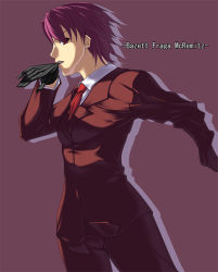 Rule 34 | 00s, 1girl, adjusting clothes, adjusting gloves, amputee, bazett fraga mcremitz, biting, black suit, fate/hollow ataraxia, fate/stay night, fate (series), formal, glove biting, gloves, mouth hold, necktie, pant suit, pants, purple hair, red eyes, red hair, red necktie, shirt, short hair, single glove, solo, suit, white shirt