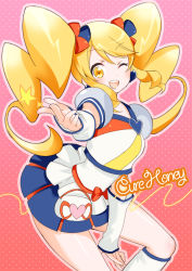 Rule 34 | 10s, 1girl, ;d, alternate form, blonde hair, blue skirt, bow, brooch, character name, cure honey, cure honey (popcorn cheer), earrings, happinesscharge precure!, heart, heart brooch, jewelry, long hair, magical girl, multicolored clothes, multicolored skirt, one eye closed, oomori yuuko, open mouth, pink background, polka dot, polka dot background, precure, puffy sleeves, skirt, smile, solo, takayama mizuki, twintails, waist bow, wink, wrist cuffs, yellow eyes