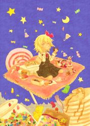 Rule 34 | 10s, 1girl, bad id, bad pixiv id, blonde hair, blue background, burger, cake, candy, charlotte (madoka magica), cheese, closed eyes, crescent, crescent moon, crossover, crumbs, cup, doughnut, drinking straw, eating, food, food on face, fork, french fries, frills, hand on own cheek, hand on own face, happy, highres, issin., jelly bean, lollipop, mahou shoujo madoka magica, mahou shoujo madoka magica (anime), moon, pancake, pancake stack, pizza, purple background, rug, rumia, short hair, sitting, skirt, smile, soda, solo, star (symbol), steam, swirl lollipop, teacup, touhou, wariza