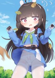 Rule 34 | 1girl, ahoge, animal print, black hair, blue archive, blue serafuku, blue shirt, blue skirt, blue sky, blush, clothes lift, cloud, commentary request, day, gloves, green neckerchief, grey gloves, halo, hands up, headgear, highres, kokone (coconeeeco), leaf, leaf on head, long hair, long sleeves, looking at viewer, miyu (blue archive), motion blur, neckerchief, open mouth, outdoors, panties, panties under pantyhose, pantyhose, pleated skirt, print panties, puffy long sleeves, puffy sleeves, rabbit panties, rabbit print, red eyes, sailor collar, school uniform, serafuku, shirt, skirt, skirt lift, sky, solo, standing, tears, thighband pantyhose, underwear, very long hair, white panties, white pantyhose, white sailor collar, wide-eyed