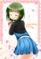 Rule 34 | 10s, 1girl, 2016, ^ ^, blue skirt, blush, bob cut, border, clematis (flower), closed eyes, commentary request, cowboy shot, dated, floral background, flower, green hair, happy birthday, highres, kin-iro mosaic, leaning forward, oomiya shinobu, open mouth, petals, pleated skirt, school uniform, skirt, solo, star (symbol), xenon (for achieve)