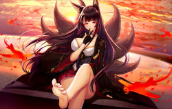 Rule 34 | 1girl, aircraft, airplane, akagi (azur lane), animal ears, azur lane, barefoot, black gloves, black hair, breasts, cleavage, crossed legs, feet, fox ears, fox tail, gloves, hand up, highres, japanese clothes, kurojo ayane, large breasts, long hair, looking at viewer, outdoors, red eyes, sitting, smile, soles, sunset, tail, toes, very long hair
